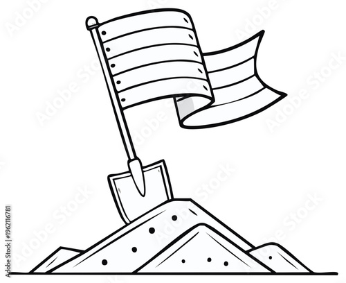 Cartoon drawing of a shovel stuck in a mound of dirt with a flag blowing in the wind indicating success
