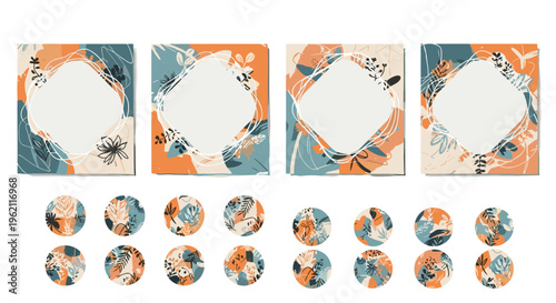 Social media template kit containing square frames and circular highlight covers with abstract organic shapes and leaves.