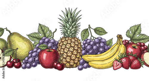Colorful border of hand-drawn fresh fruits including a pineapple, bananas, apples, pears, grapes, and various berries.