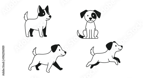 Four simple black and white line drawings showing a small dog sitting, standing, walking, and running in different poses.