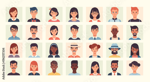 Diverse set of cartoon avatars representing people of various ethnicities and genders for use in digital profiles and online platforms