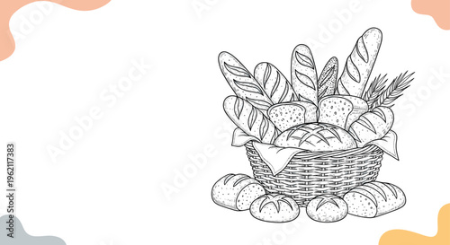 Charming hand-drawn illustration of a wicker basket overflowing with a variety of fresh artisanal breads and crusty baguettes.