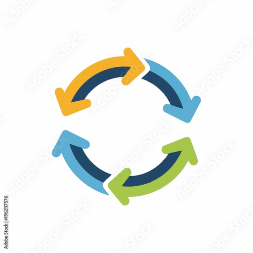 A circular diagram with four arrows in alternating colors of yellow, blue, and green, representing a continuous cycle or process.