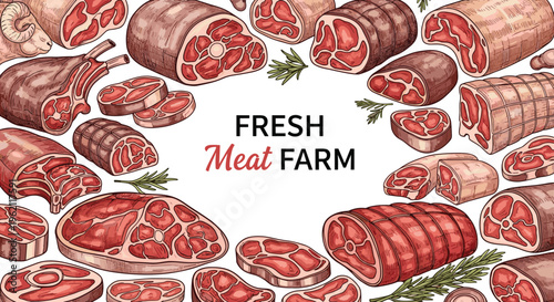 Border composition of various premium cuts of raw meat like steak and ribs surrounding the text Fresh Meat Farm.
