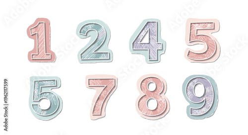 Educational set of numbers one through nine featuring a soft color palette and a textured hand-sketched sticker appearance.