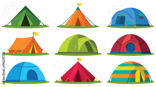 Collection of various colorful camping tents for outdoor adventures.
