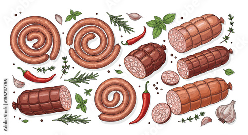 Various types of sausages and salamis arranged with fresh herbs, garlic, and red chili peppers on a plain white background for cooking.