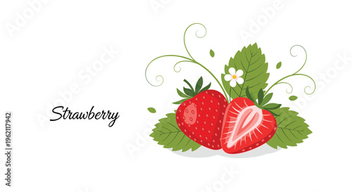 Fresh red strawberries with green leaves and a delicate white flower on a clean white background with elegant swirling green vines.