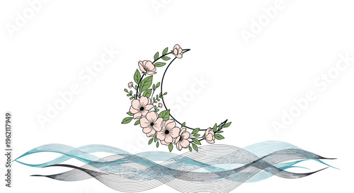 Stylized crescent moon decorated with delicate pink flowers and green leaves floating over abstract blue and gray geometric wave patterns.