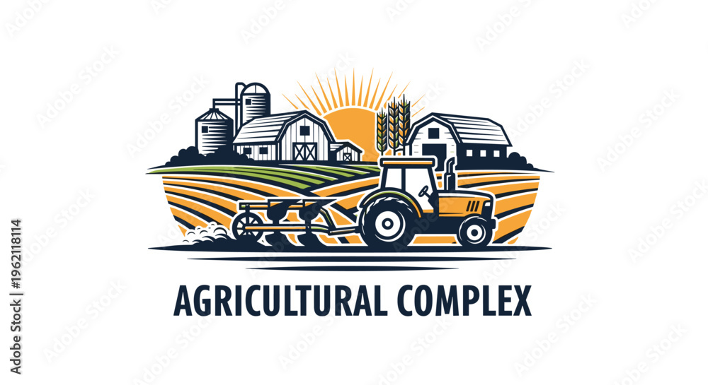 Fototapeta premium Professional logo for an agricultural complex featuring a yellow tractor in a field with a farm building and sun rising in the background.