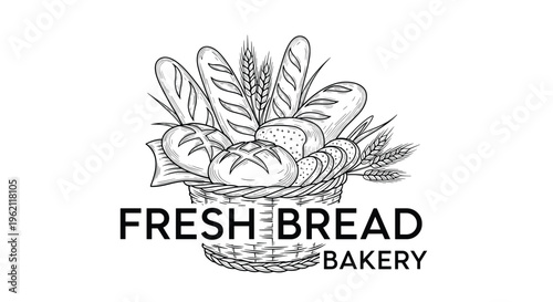 Classic line art logo for a fresh bread bakery showing an overflowing wicker basket filled with different types of bread and wheat stalks.