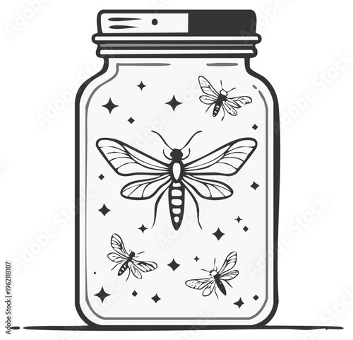 Fireflies in a Glass Jar Illustration: Hand-Drawn Insects with Stars, Summer Night Magic