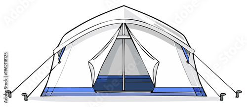 A-frame tent with open entrance, white canvas, blue accents, and guy ropes for camping and outdoor recreation.