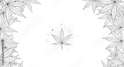 Decorative border made of cannabis leaf sketches surrounding a single central cannabis leaf with glowing sparkles on a white background.