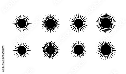 Sun icon set black silhouette collection different sun shapes vector illustration