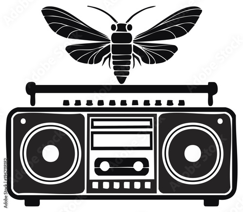 Silhouette of a moth perched on a vintage boombox, symbolizing music and nature.