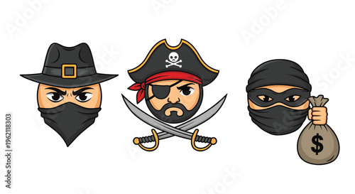 Set of three illustrated criminal characters featuring a masked cowboy bandit, a bearded pirate captain, and a thief holding a money bag.