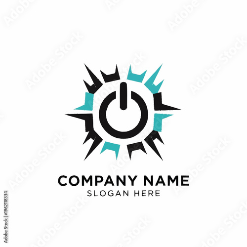 A modern and energetic logo featuring a power button symbol surrounded by sharp, abstract bursts of teal and black, suggesting innovation and activation.