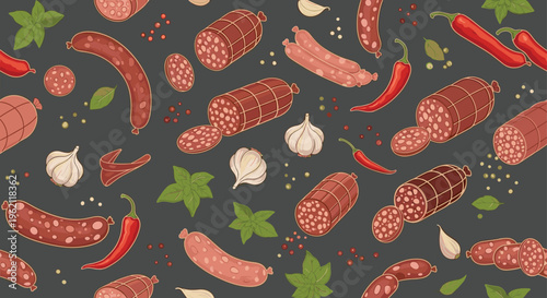 Rich and colorful seamless pattern featuring an assortment of whole and sliced sausages, red chili peppers, garlic, and green herbs.