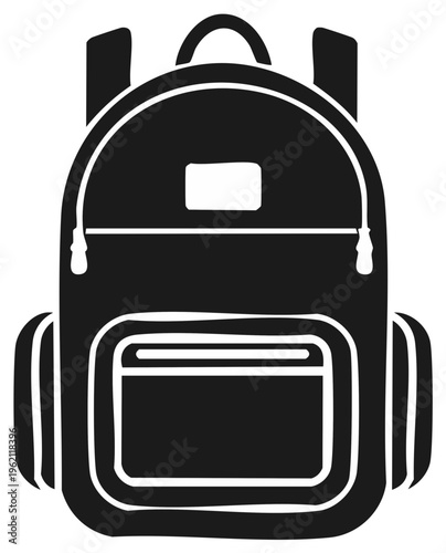 Black backpack illustration with front pocket and zipper, minimalist school bag equipment for students, travel and tourism vector icon