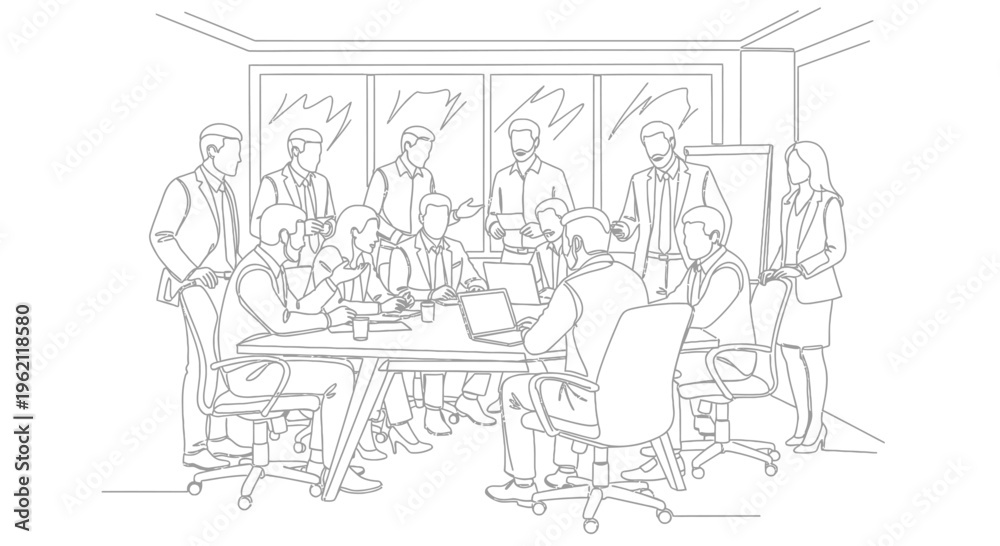Obraz premium Line art drawing of a business meeting with multiple professionals collaborating in a modern conference room.