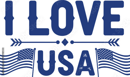 Bold blue text "I LOVE USA" graphic design with waving American flags for celebrating national pride.