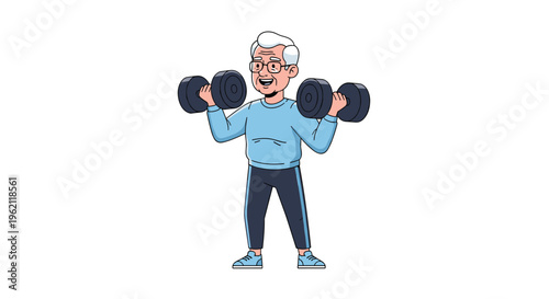 Motivating illustration of a happy senior man with white hair and glasses wearing blue sports clothes and lifting heavy dumbbells.