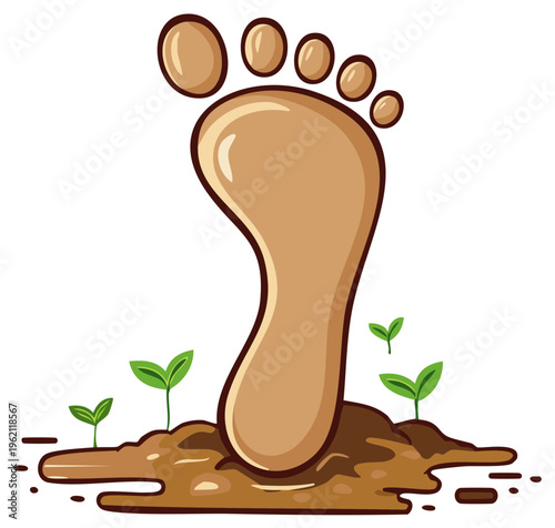 Giant human footprint presses into fertile soil with small green plants emerging