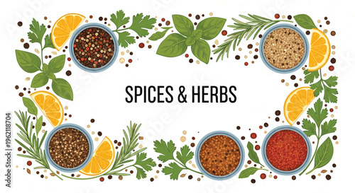 Border of various dried spices and fresh green herbs with lemon slices and text Spices and Herbs on white background.