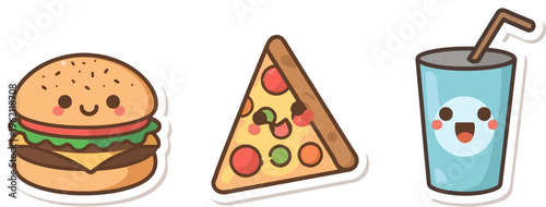Cute cartoon fast food illustrations featuring a happy hamburger, pizza slice, and soda drink with kawaii faces.