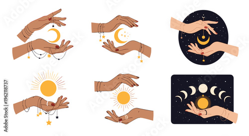Mystical collection of feminine hands holding celestial symbols including sun, moon, and stars in esoteric style.