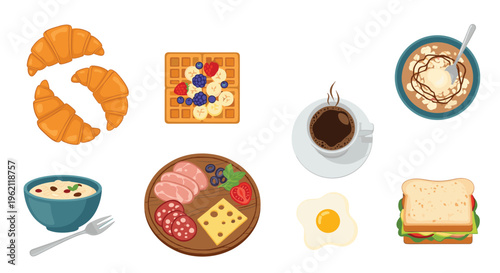 Assortment of breakfast foods including croissants, waffles with berries, coffee, eggs, bowl of cereal, and sandwich.