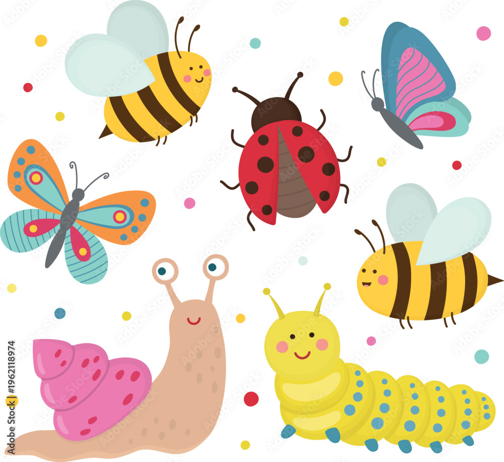 Fototapeta premium Set of funny colorful insects with snail, bees, ladybug, butterflies and caterpillar. Decorative characters collection in childish style