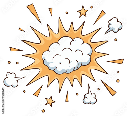 Dynamic cartoon explosion with a cloud of smoke and stars in a pop art comic book style