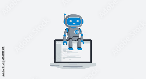 A Friendly Robot Sat Upon a Laptop Computer in Front of a White Background, Technology