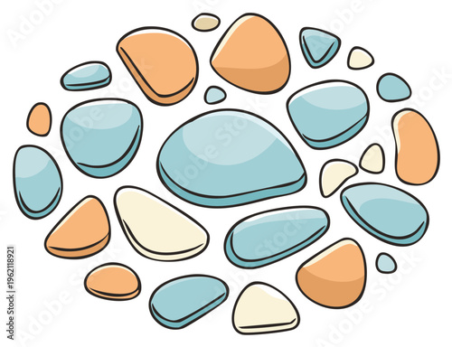 Smooth colorful cartoon pebbles and stones arranged in an abstract oval pattern