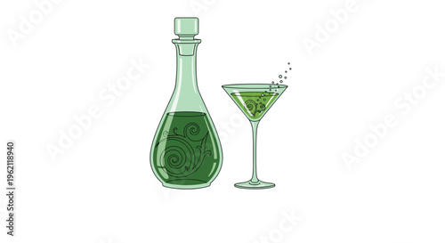 Elegant green glass decanter and a matching cocktail glass with bubbles and swirling decorative patterns inside.