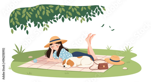 Young woman in a sun hat relaxing on a picnic blanket under a shady tree with her sleeping dog in a park.