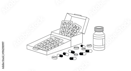 Black and white line drawing of a medicine box with blister packs, scattered capsules, tablets, and a pill bottle.
