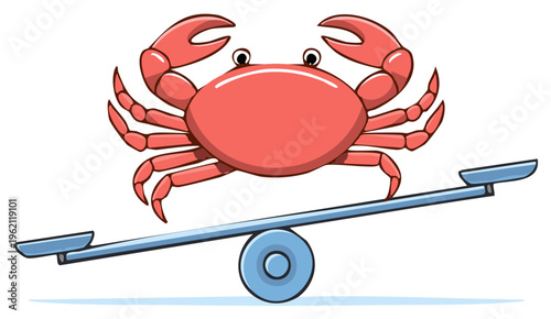 Cartoon crab balancing on a seesaw illustration