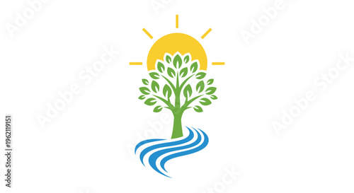 A serene graphic design showcasing nature's elements like a tree, sun, and water in harmony