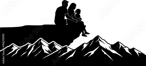 Solid black silhouette of a family sitting on a mountain peak looking at the horizon, minimalist outdoor adventure and nature exploration vector illustration isolated on white.