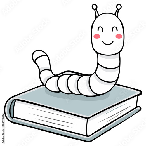 Cartoon worm smiling on a book, representing learning and reading