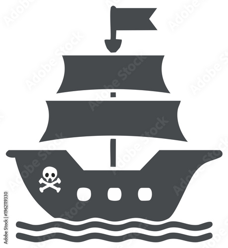 Iconic pirate ship with skull and crossbones symbol sailing on waves