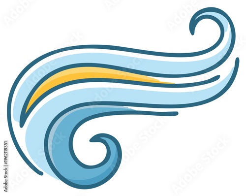 Stylized wind illustration with blue swirling shape and yellow accent representing windy weather, nature element, and air current concepts.
