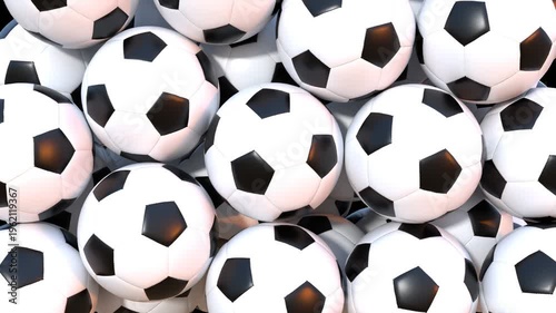 3d animation of football or soccer balls falling and covering the screen on transparent background, perfect for smooth transition between scenes. Video with alpha channel