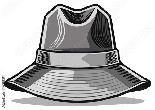 Classic fedora hat with wide brim and ribbon band in grayscale cartoon style