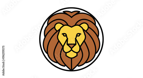 A stylized lion's head emblem, rendered in geometric shapes, enclosed in a circle design