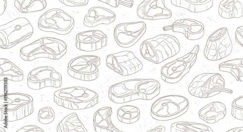 Seamless pattern showing various types of raw meat cuts, steaks, and ribs in a minimalist line art style.