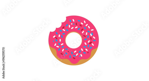 A colorful and delicious cartoon donut with a bite taken out on a white background